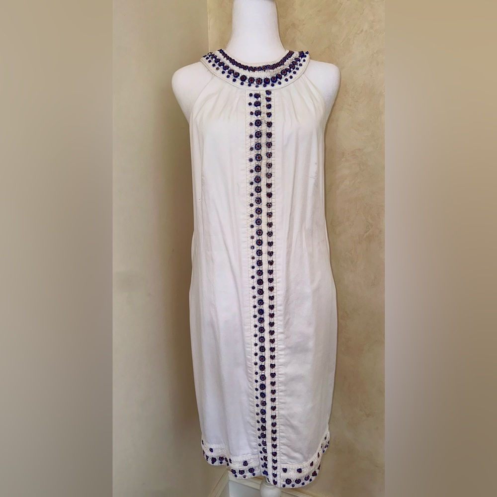 VINTAGE WHITE EASTON PEARSON DRESS WITH RED, WHITE & BLUE BEADING SIZE 4